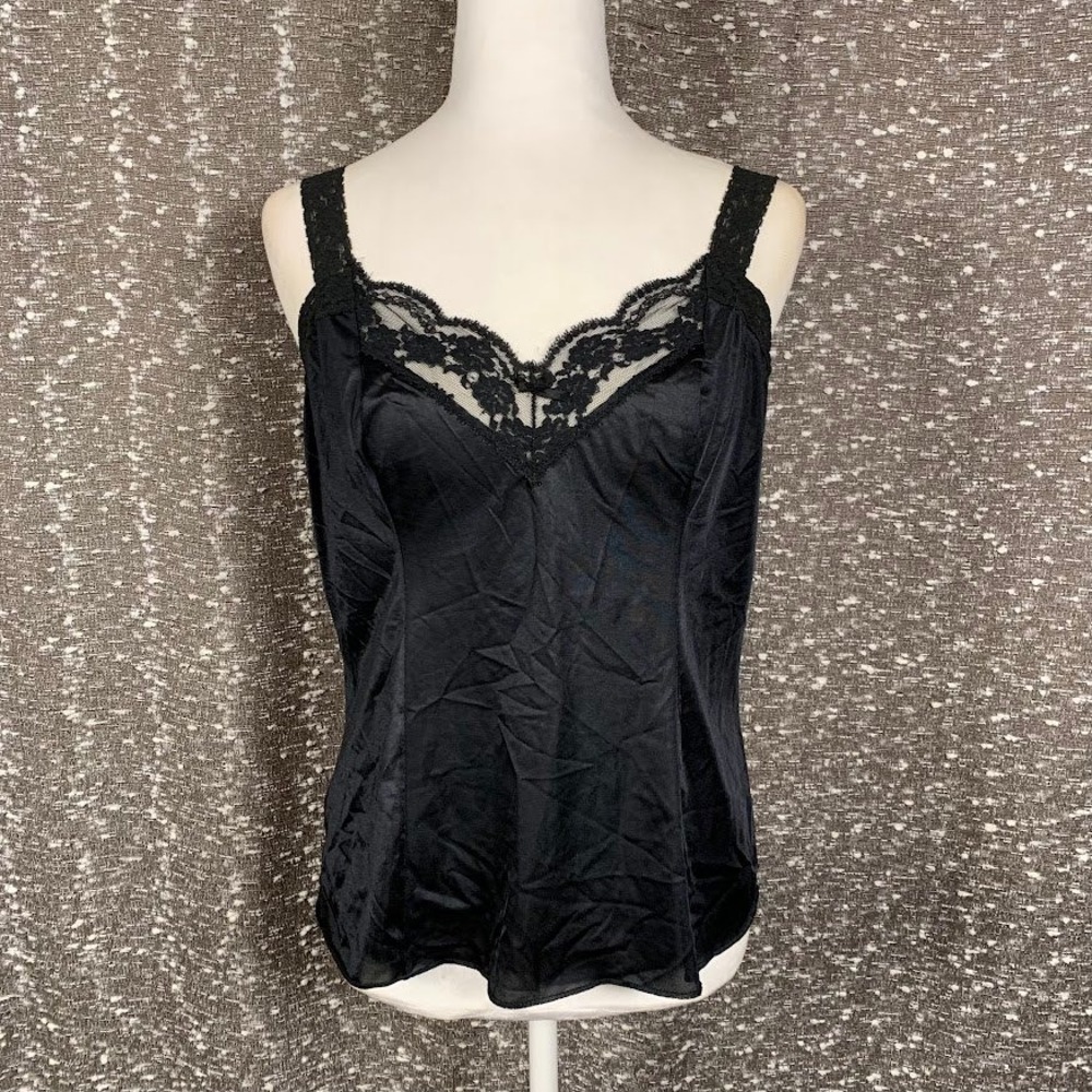 Vintage Olga Black Satin Camisole Tank Top Lace Trim Coquette Women's Large